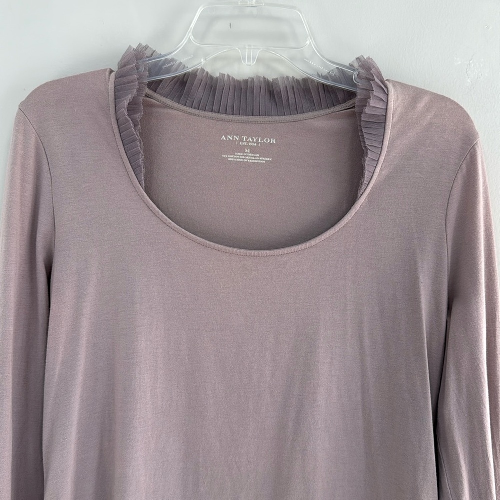 Ann Taylor Classy Women's Taupe Double Tulle Collar Soft Cotton/Modal Shirt - M